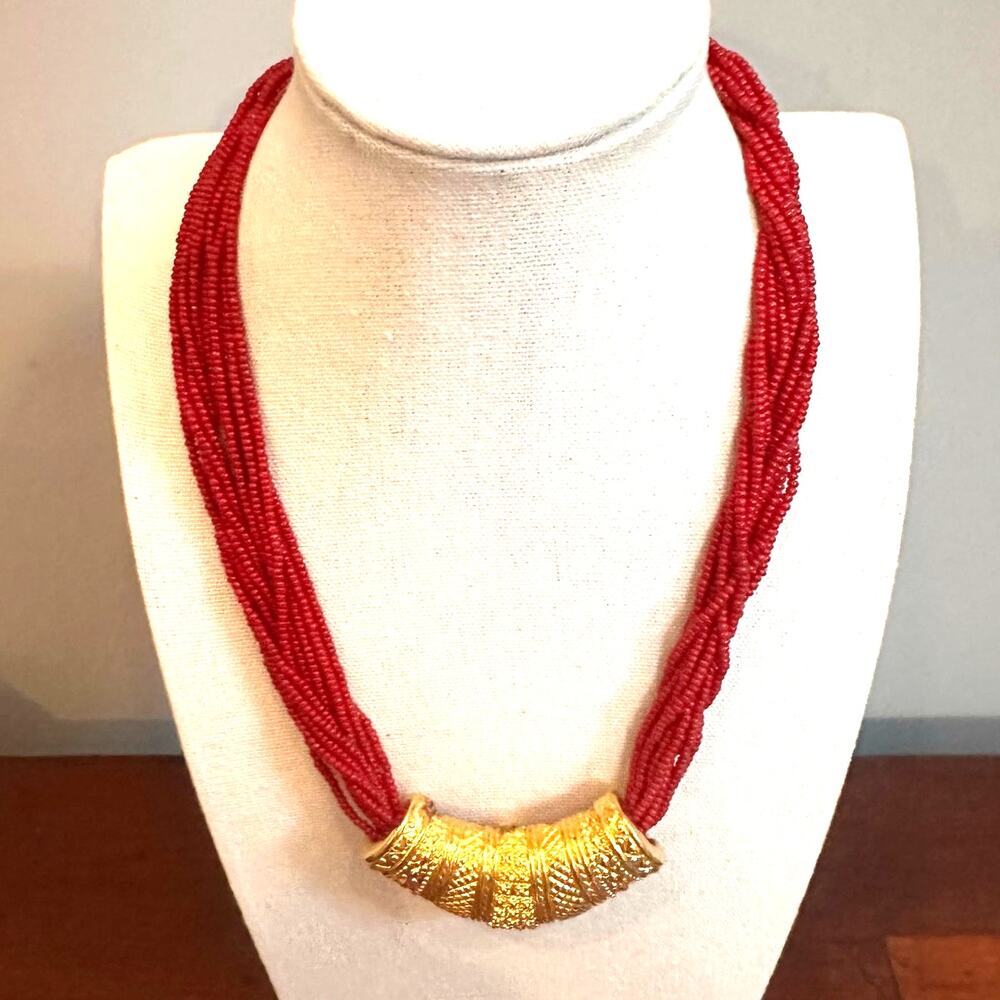 Bollywood Red Beaded Gold Plated Necklace Nepali Mali Wedding Costume Jewelry